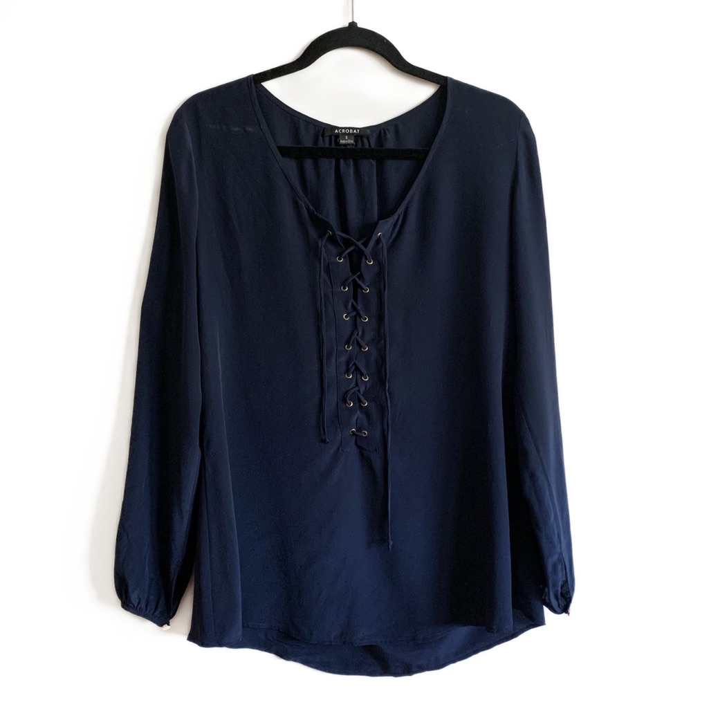 Acrobat Silk Lace Up Navy Blue Women’s Blouse Small